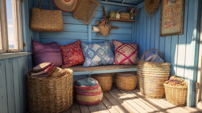 colorful beach hut interior showcasing wicker baskets and patterned cushions in coastal decor with soft natural lighting by the ocean - Powered by Adobe
