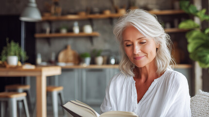 Elegant senior woman reading a book in sofa, couch, at home, smiling and relaxed.