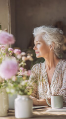 Elegant senior woman using a laptop in café or at home, smiling and relaxed.
