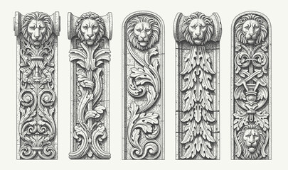 Elegant vintage engraving of classical architectural columns with lion heads and ornate floral baroque ornament design details.