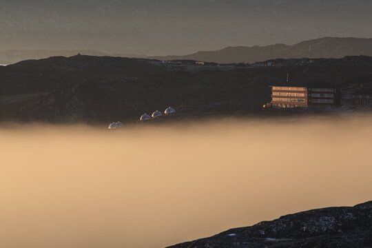 Hotel Arctic with igloo, midnight sun, summer, Ilulissat, Ilulissat Icefjord, Disko Bay, West Greenland, Greenland