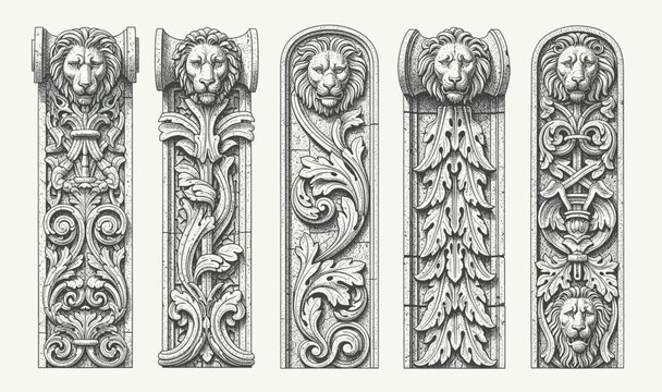 Elegant vintage engraving of classical architectural columns with lion heads and ornate floral baroque ornament design details.