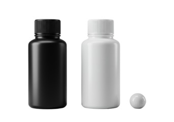Black and white opaque cylindrical plastic bottles with ribbed caps and a polished white stone, macro shot on a transparent background, precise studio lighting, minimalist product design concept