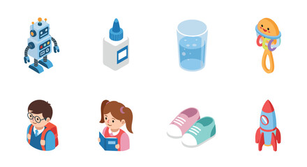 Fototapeta premium Colorful isometric icons of children's toys and school supplies