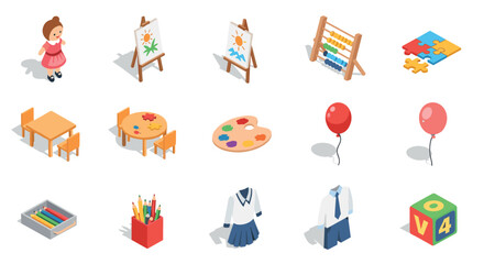 Isometric classroom and playroom elements toys, clothing, educational tools