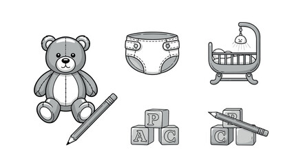 Monochrome baby essentials set teddy bear, diaper, crib, pencil and blocks