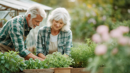 Elderly couple gardening and planting herbs and flowers in backyard garden. Photo of senior woman and man. Blurred background. Aging lifestyle concept.