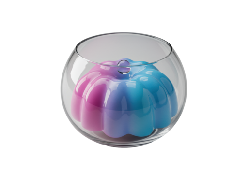 Futuristic dessert, glossy purple-to-blue gradient with sound wave undulations, in clear spherical bowl, dewdrop, transparent background, luxury culinary innovation concept