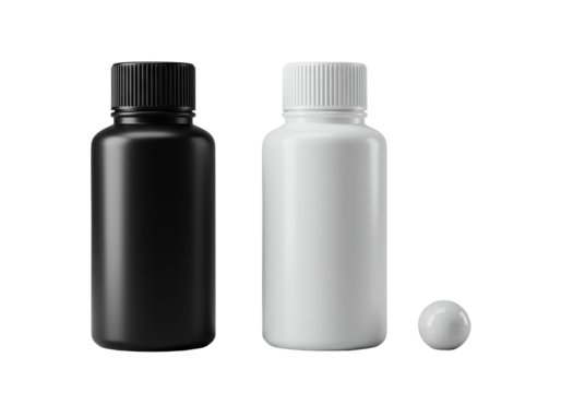 Black and white opaque cylindrical plastic bottles with ribbed caps and a polished white stone, macro shot on a transparent background, precise studio lighting, minimalist product design concept