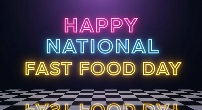 Celebrate National Fast Food Day with vibrant neon signs illuminating a retro diner floor, perfect for promotions and festive designs.