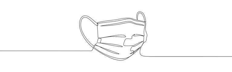 A continuous line art depiction of a medical face mask with ear loops, essential for health protection, isolated on a white background.