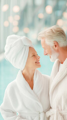 Older couple enjoying a day at spa together. Concept of travel, companionship, active senior lifestyle. Blurred bokeh background.