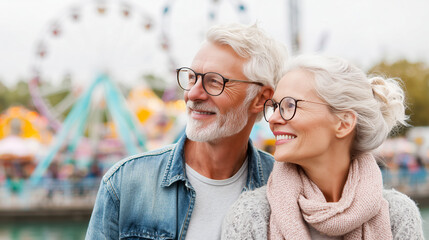 Senior couple at amusement park. Elderly husband and wife enjoying a day together. Concept of love, companionship, active senior lifestyle. Blurred bright background.
