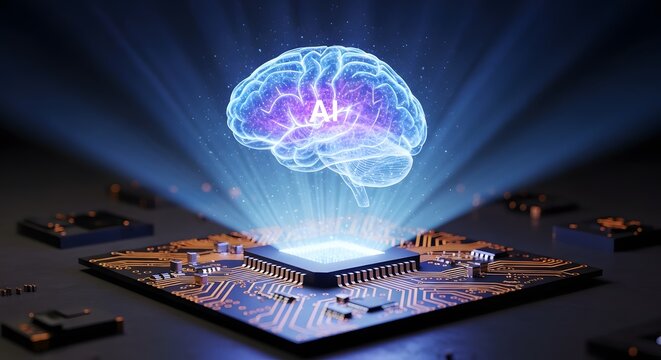 Advanced Artificial Intelligence Brain Hologram Over Digital Circuit Board