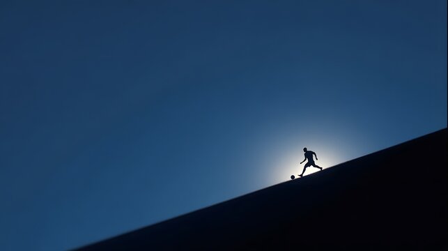 Dynamic silhouette of a lone soccer player kicking ball against bright sunlit sky, inspiring focus and ambition