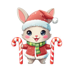 kawaii Christmas bunny dressed up, winter kawaii style, happy candy cane