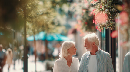 Older couple walking on a shopping street. Senior woman and man enjoying a day together. Concept of love, companionship, active senior lifestyle. Blurred city in background.