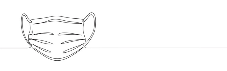 A continuous line art depiction of a medical face mask with ear loops, essential for health protection, isolated on a white background.