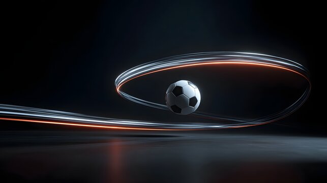 Dynamic soccer ball streaks through futuristic neon light trails, capturing motion and energy for sports marketing and gaming visuals
