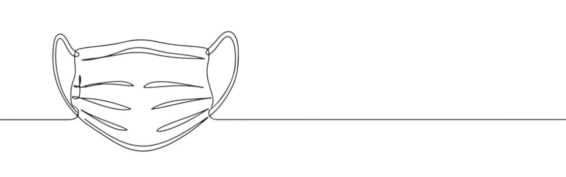 A continuous line art depiction of a medical face mask with ear loops, essential for health protection, isolated on a white background.