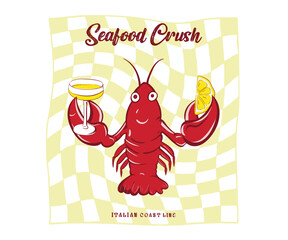 Lobster seafood vector art, Retro vintage sea food artwork for t shirt, poster graphic print, Italian coast seafood tour vector design, La dolce vita graphic print 