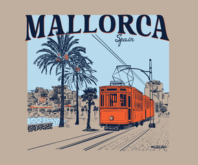 Mallorca Spain travel vector art, European summer vacation artwork, Holidays resort design for t shirt, poster, graphic print, Retro vintage summer tour art