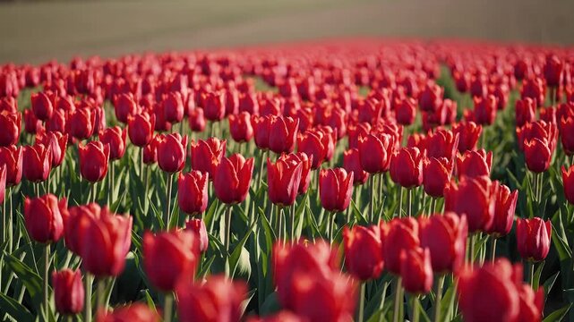 cinematic 4k close up view vibrant tulip field bathed sunlight rich red blossoms swaying gracefully breeze perfect floral themes spring intros romantic nature footage presentations