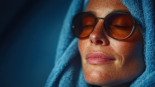 Extreme Close-up of Serene Woman with Freckles and Blue Towel Wearing Stylish Round Sunglasses, Focusing on Skin Texture and Relaxation in Spa or Cryo Chamber