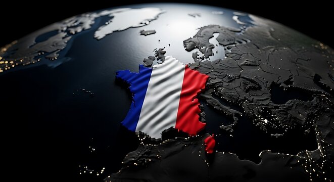 France map covered with tricolor French flag texture on dark 3D illuminated world globe.