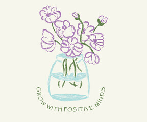 Vintage flower hand drawn art, Flowers in glass pot line illustration, Retro vintage floral artwork for t shirt. poster, wall art