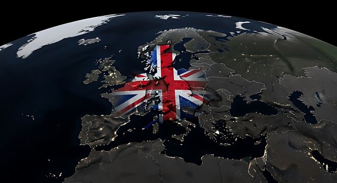 United Kingdom map Union Jack flag 3D illustration world night globe city lights Europe
