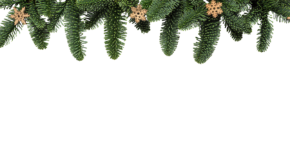 Christmas garland of green fir branches decorated with small wooden snowflakes, upper border element, transparent background