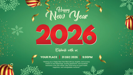 happy new year 2026 celebration banner, festive 2026 new year party invitation background, merry christmas and new year green greeting card, luxury winter holiday event poster template