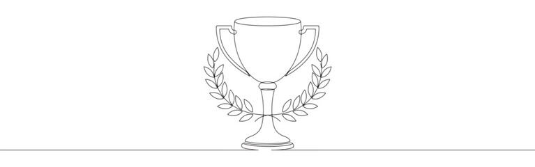 A continuous line drawing of a classic trophy cup encircled by a laurel wreath, representing victory, achievement, and success, on a white background.