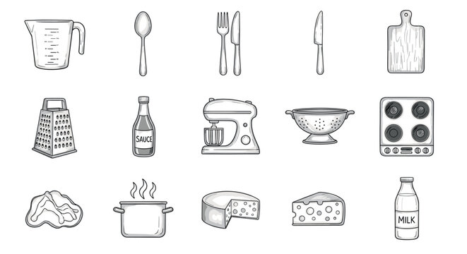 Monochrome kitchen utensils and appliances for cooking and baking enthusiasts