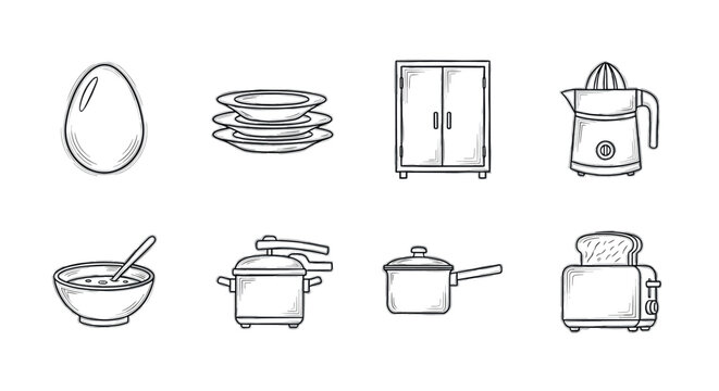 Kitchen essentials hand drawn linear icon set featuring appliances and utensils