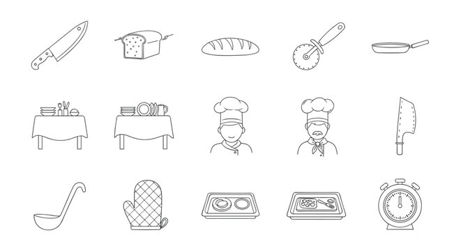 Line art culinary icons chefs, tools, and kitchen items for cooking projects