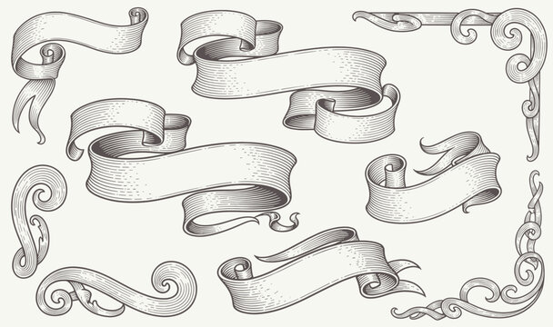 vintage hand drawn ribbon flag or banner element for book or other old looking design. engraved calligraphic part for your sign