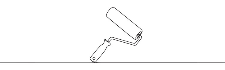 A continuous line art depiction of a paint roller with a handle, commonly used for home improvement and decorating tasks, isolated on a white background.
