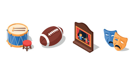 Isometric art of drum, football, puppet show, and theatrical masks