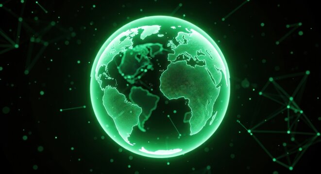 Glowing green digital earth with network connections and particles globe