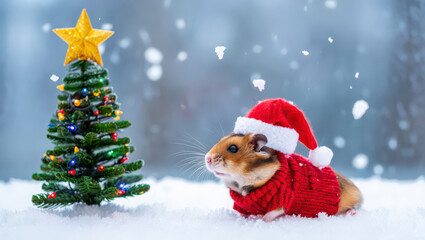 A Hamster's Snowy Season A delightful hamster, clad in a red sweater and hat, sits beside a decorated tree in a snowy landscape, radiating warmth and cheer