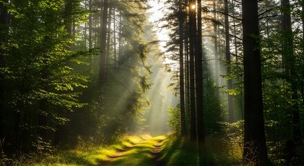Fototapeta premium Sunlight Streams Through Lush Green Forest Pathway Illuminated by Morning Rays