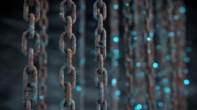 Abstract cgi animation of several old rusty metal chains hanging with glowing blue lights