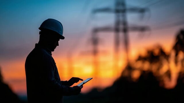 Silhouette of a Worker in a Hard Hat Using a Tablet at Sunset with Power Lines in the Background