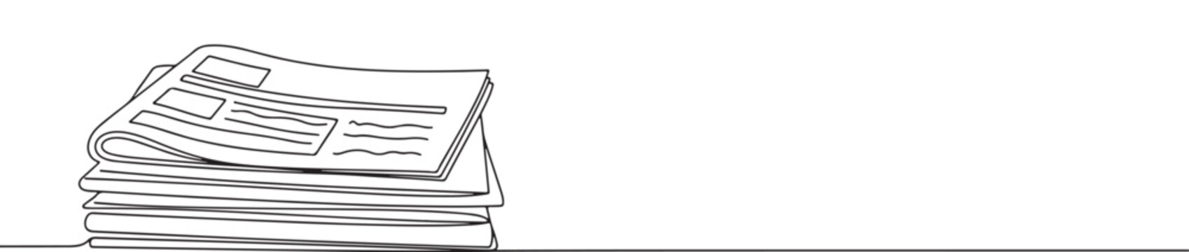 Stack of newspapers in a continuous line art drawing, representing news, media, and information.
