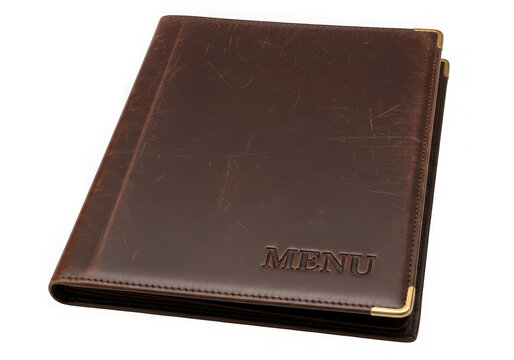 A closed dark brown leather menu holder the word menu embossed on the cover