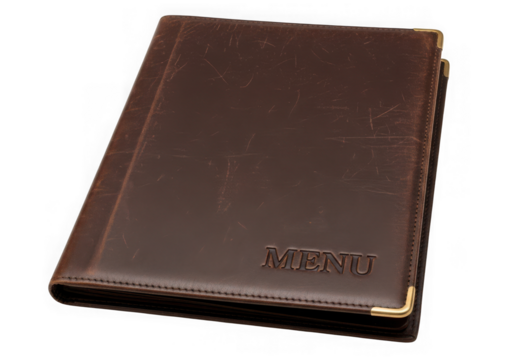 A closed dark brown leather menu holder the word menu embossed on the cover