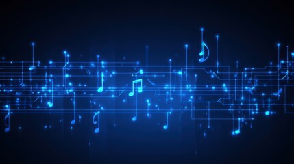 Digital music notes and sound waves in electric blue design