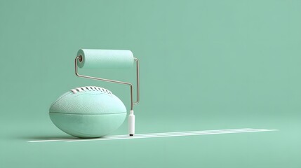 Creative concept of a pastel mint green football and roller tool on a clean studio background with white lines, symbolizing sports innovation and design.